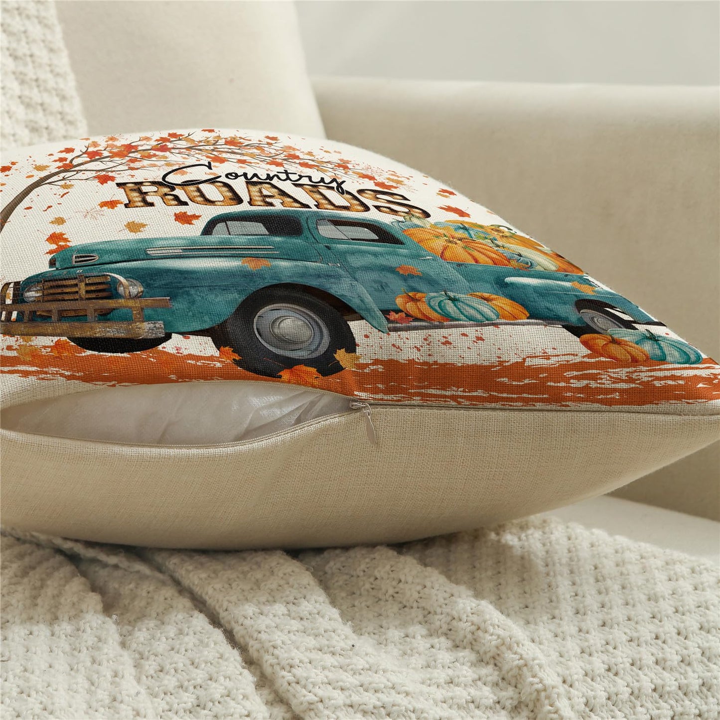 NIGHTWISH Fall Pillow Covers 18x18 Set of 4 Thanksgiving Farmhouse Decorations Teal Truck Gnome Outdoor Fall Decor Throw Pillow Covers Thankful Pumpkins Harvest Autumn Cushion Case for Sofa Couch