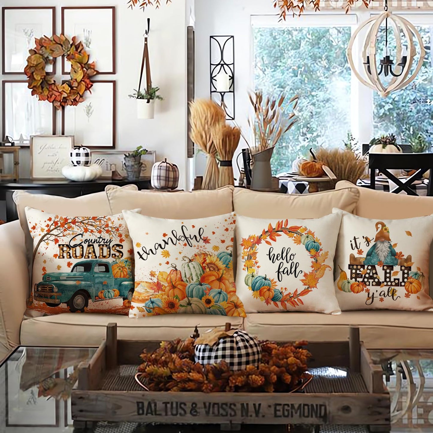 NIGHTWISH Fall Pillow Covers 18x18 Set of 4 Thanksgiving Farmhouse Decorations Teal Truck Gnome Outdoor Fall Decor Throw Pillow Covers Thankful Pumpkins Harvest Autumn Cushion Case for Sofa Couch