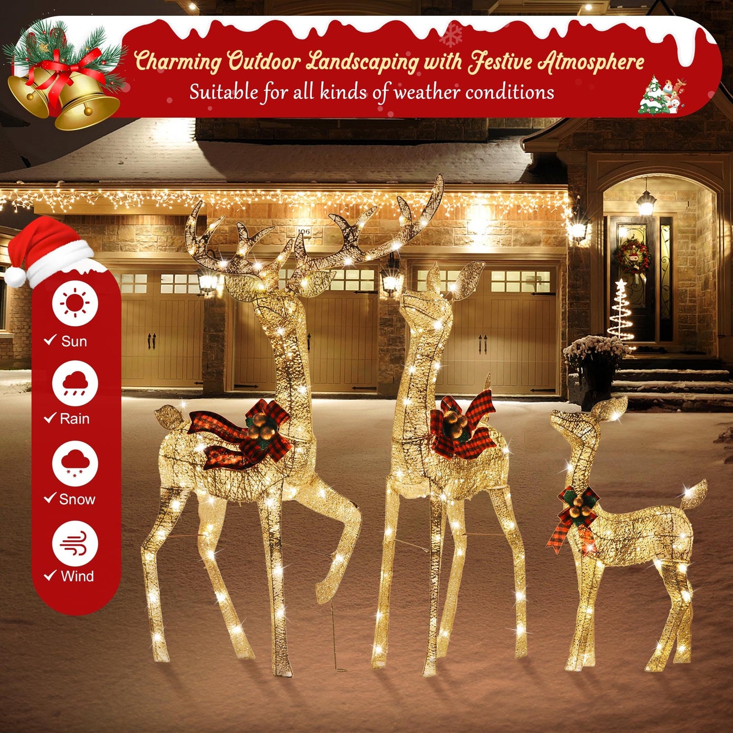 Large 3D Outdoor Christmas Reindeer Decoration Family Set - Gold Yellow Lighted Deer with 210 LED Lights for Patio, Lawn, Garden, Holiday Party
