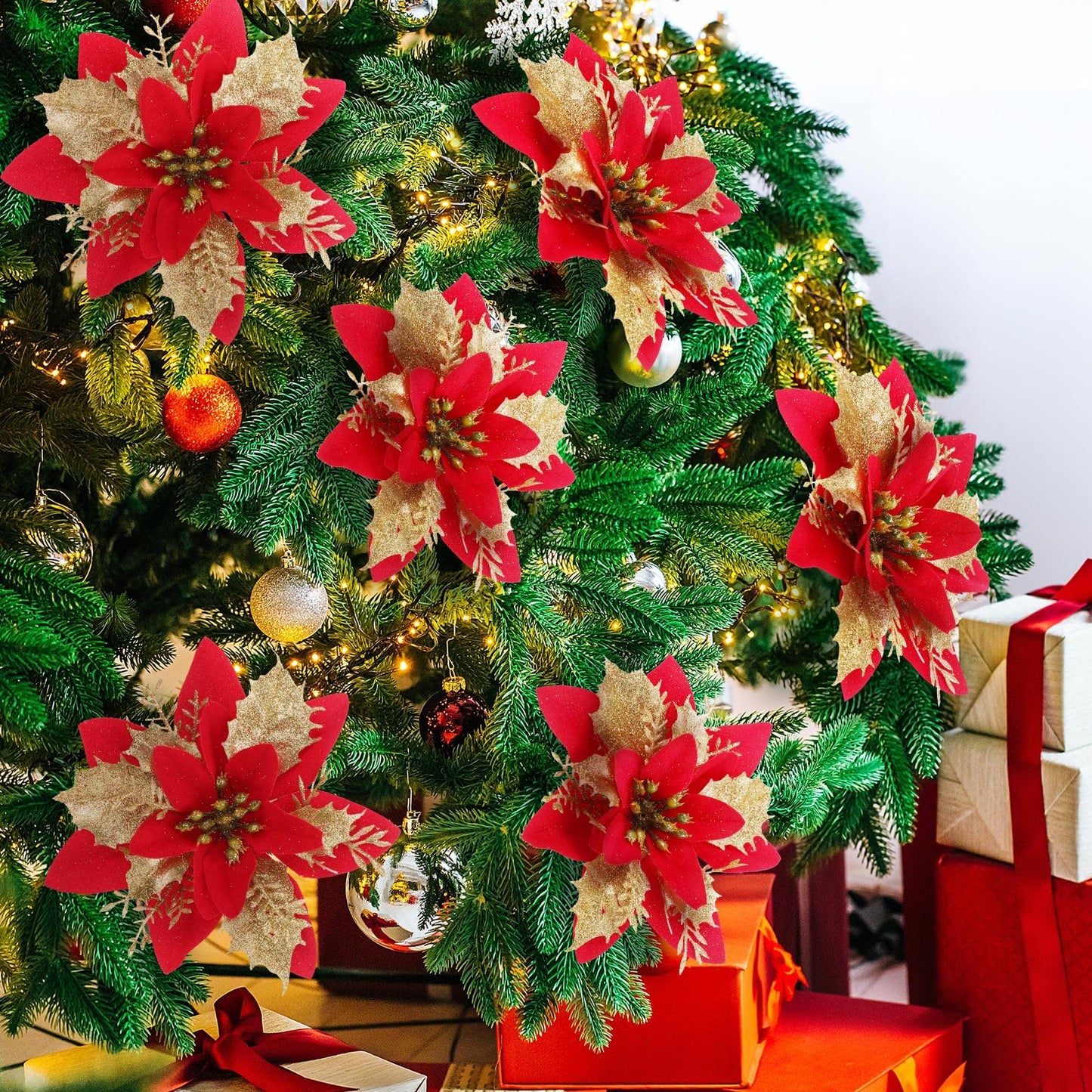 Canlierr 5.7 Inch Artificial Poinsettias Christmas Glitter Flowers with Clips Xmas Tree Flower Ornament Poinsettias Decor (Red Golden,12 Pieces)