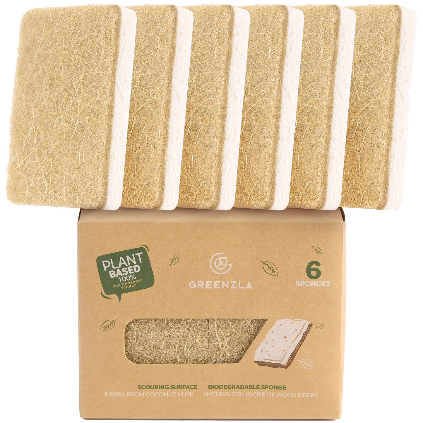 Greenzla Kitchen Sponges, Odor Free Plant-Based Dish Sponges, Non-Scratch Sisal Hemp Scouring Pads for Dishes, Countertops, Bathtubs, and Tiles, 6 Pack