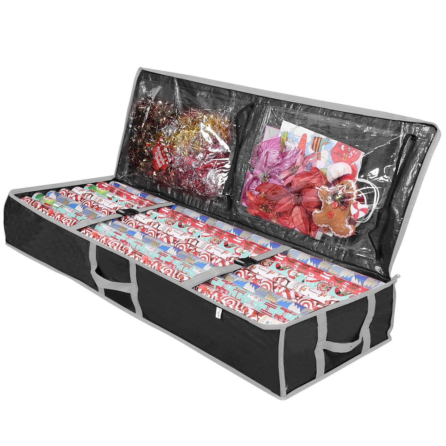 ProPik Wrapping Paper Storage Containers | Gift Wrap Organizer Under Bed | 41”x14”x6” | Box Holds 18-24 Rolls Up to 40” Long | Holder with Pockets for Ribbon Bows & Accessories (Black)