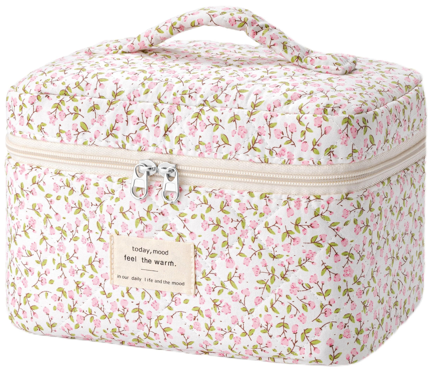 HBselect Quilted Makeup Bag, Portable Cotton Large Travel Makeup Bag, Cute Coquette Pink Floral Cosmetic Bags Toiletry Bags for Women Teen Girls Mom
