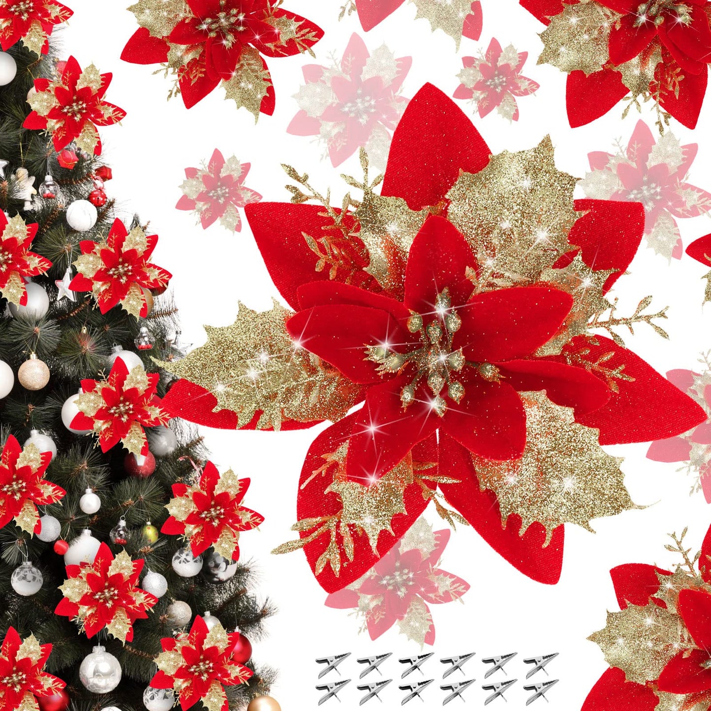 Canlierr 5.7 Inch Artificial Poinsettias Christmas Glitter Flowers with Clips Xmas Tree Flower Ornament Poinsettias Decor (Red Golden,12 Pieces)