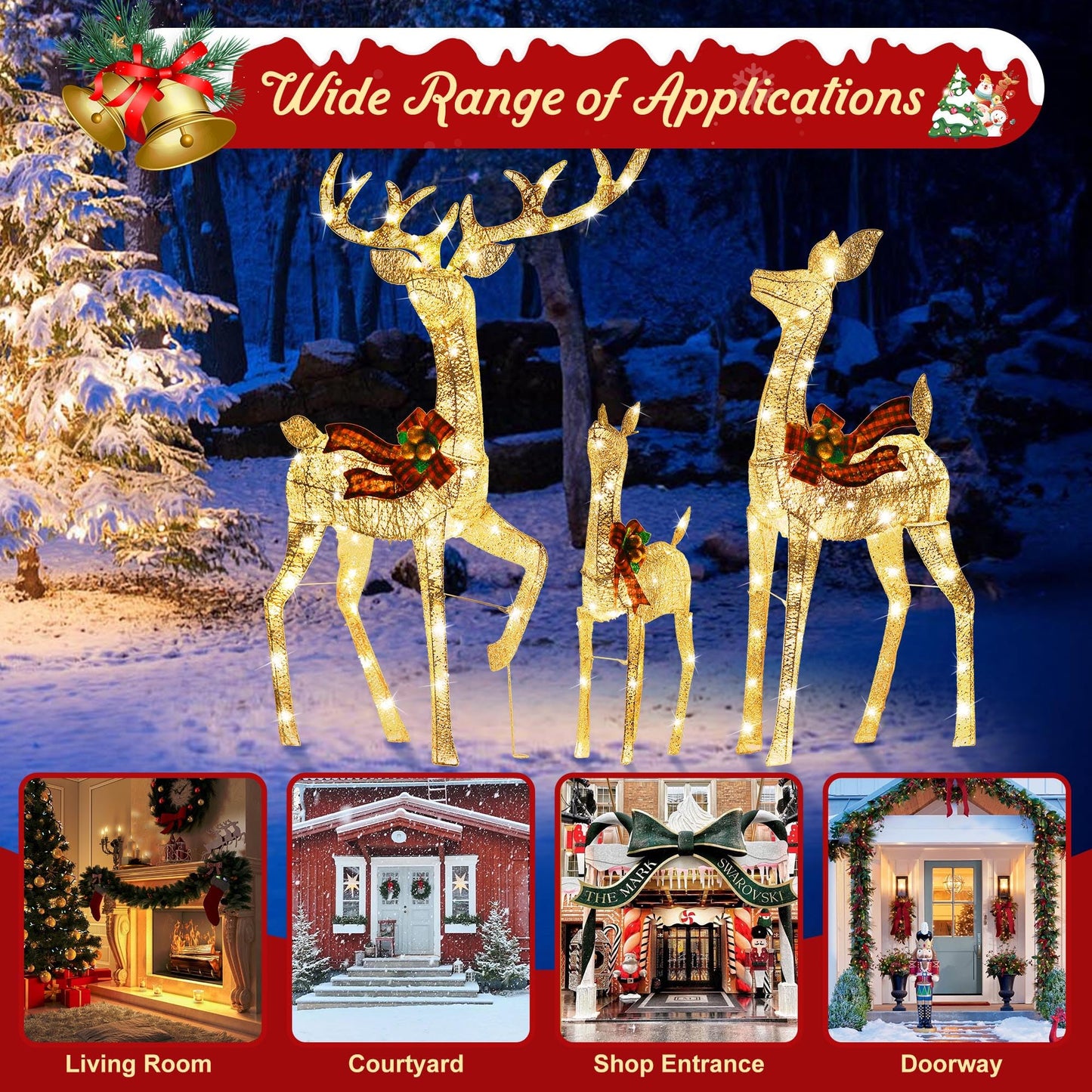 Large 3D Outdoor Christmas Reindeer Decoration Family Set - Gold Yellow Lighted Deer with 210 LED Lights for Patio, Lawn, Garden, Holiday Party