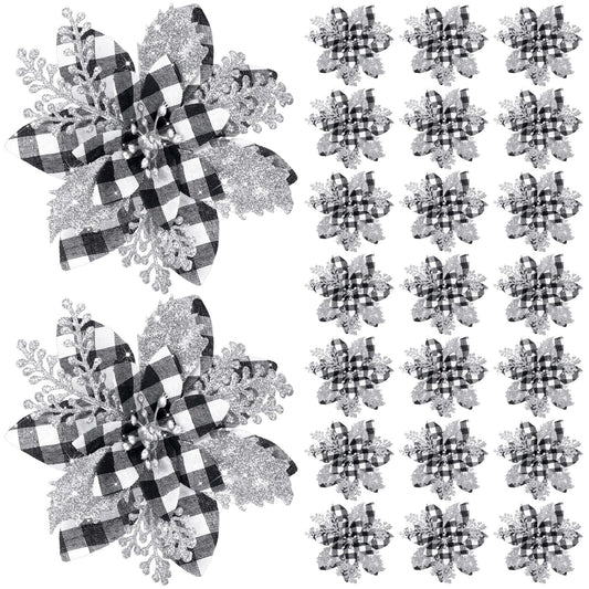 Canlierr 5.7 Inch Artificial Poinsettias Christmas Glitter Flowers with Clips Xmas Tree Flower Ornament Poinsettias Decor (Black and White Buffalo with Silver Petals,24 Pieces)