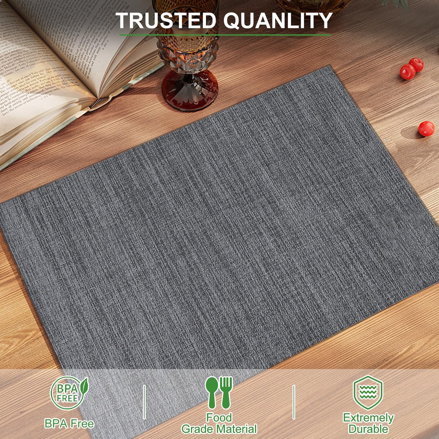BETEAM Placemats Set of 6 Woven Vinyl Placemat for Dining Table Washable Wipeable Kitchen Place Mats Durable Indoor Outdoor Table Mats -01 Grey, 6 Pcs