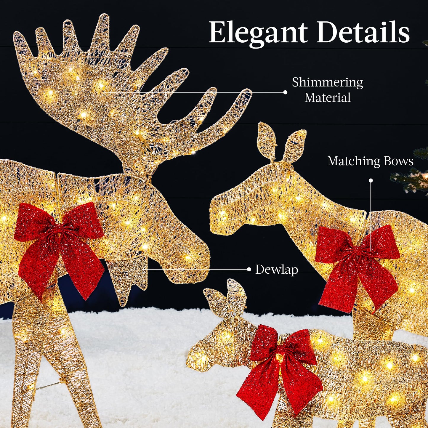 Best Choice Products 2D Moose Family Outdoor 3pc Christmas Yard Décor, 4ft Lighted Set Prelit All-Weather w/ 195 LEDs, Ground Stakes - Gold
