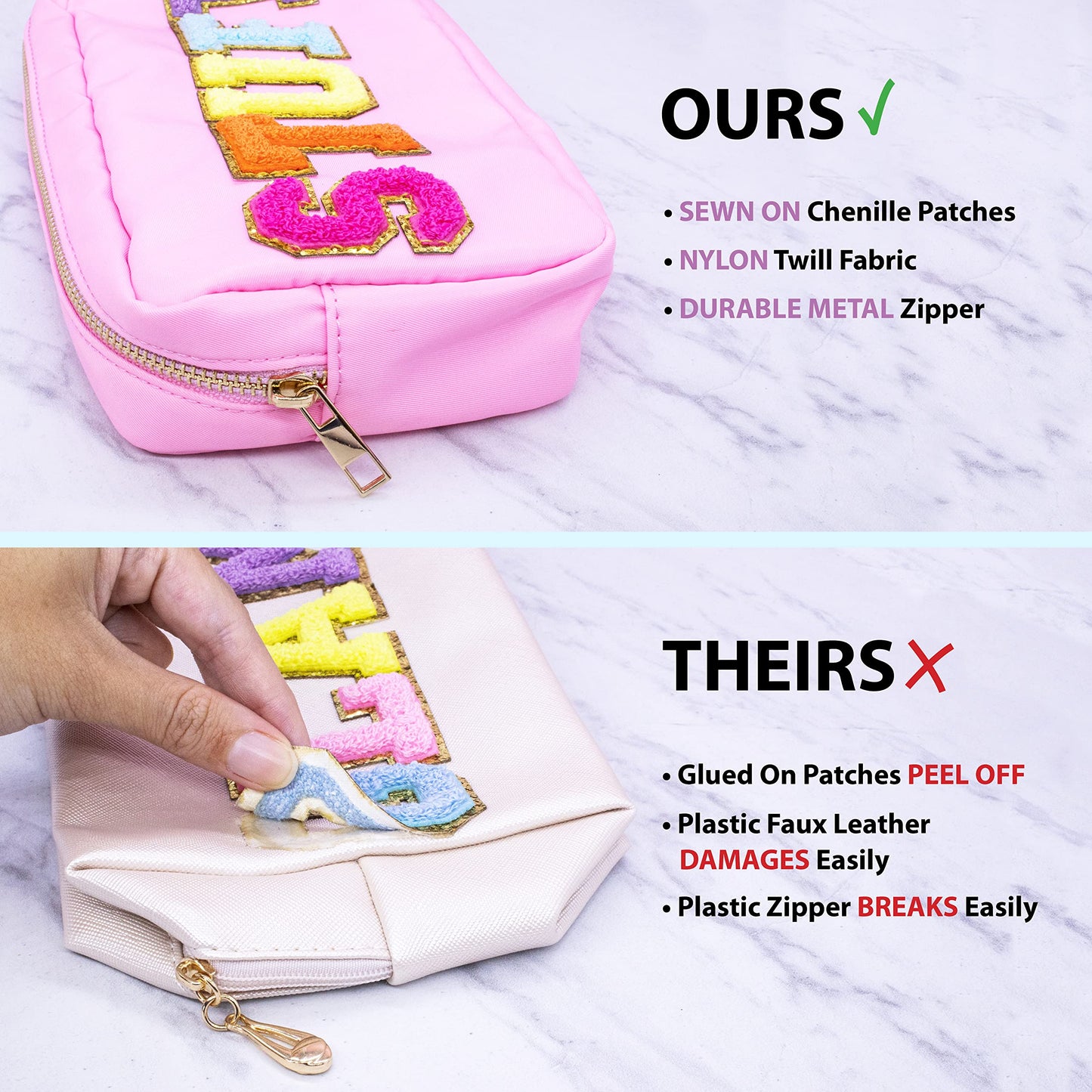 Fablinks Preppy Stuff Bag, Chenille Varsity Letter Makeup Pouch, Pink Nylon Skin Care Zipper Patch Bags Organizer for Women, Travel Make Up Skincare Cosmetic Stocking Stuffers