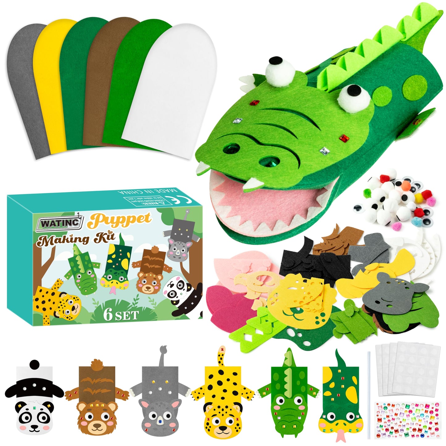 WATINC 6Pcs Hand Puppet Making Kit, Art Craft Felt Sock Puppet Toys, Creative DIY Make Your Own Pompoms Wiggle Googly Eyes Storytelling Role Play Party Supplies Gift for Girls Boys (Wild Animals A)