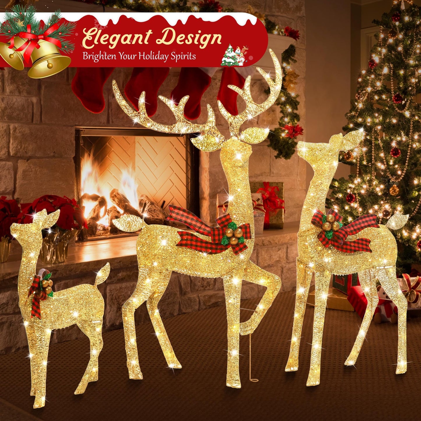 Large 3D Outdoor Christmas Reindeer Decoration Family Set - Gold Yellow Lighted Deer with 210 LED Lights for Patio, Lawn, Garden, Holiday Party