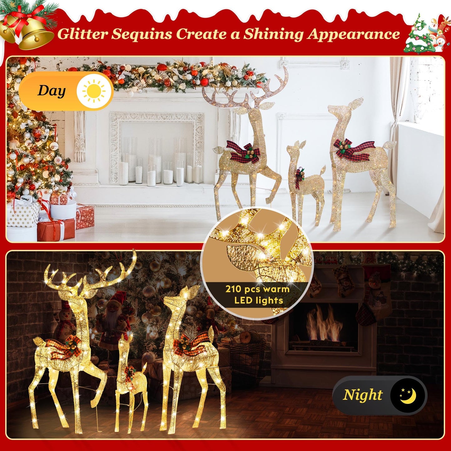Large 3D Outdoor Christmas Reindeer Decoration Family Set - Gold Yellow Lighted Deer with 210 LED Lights for Patio, Lawn, Garden, Holiday Party