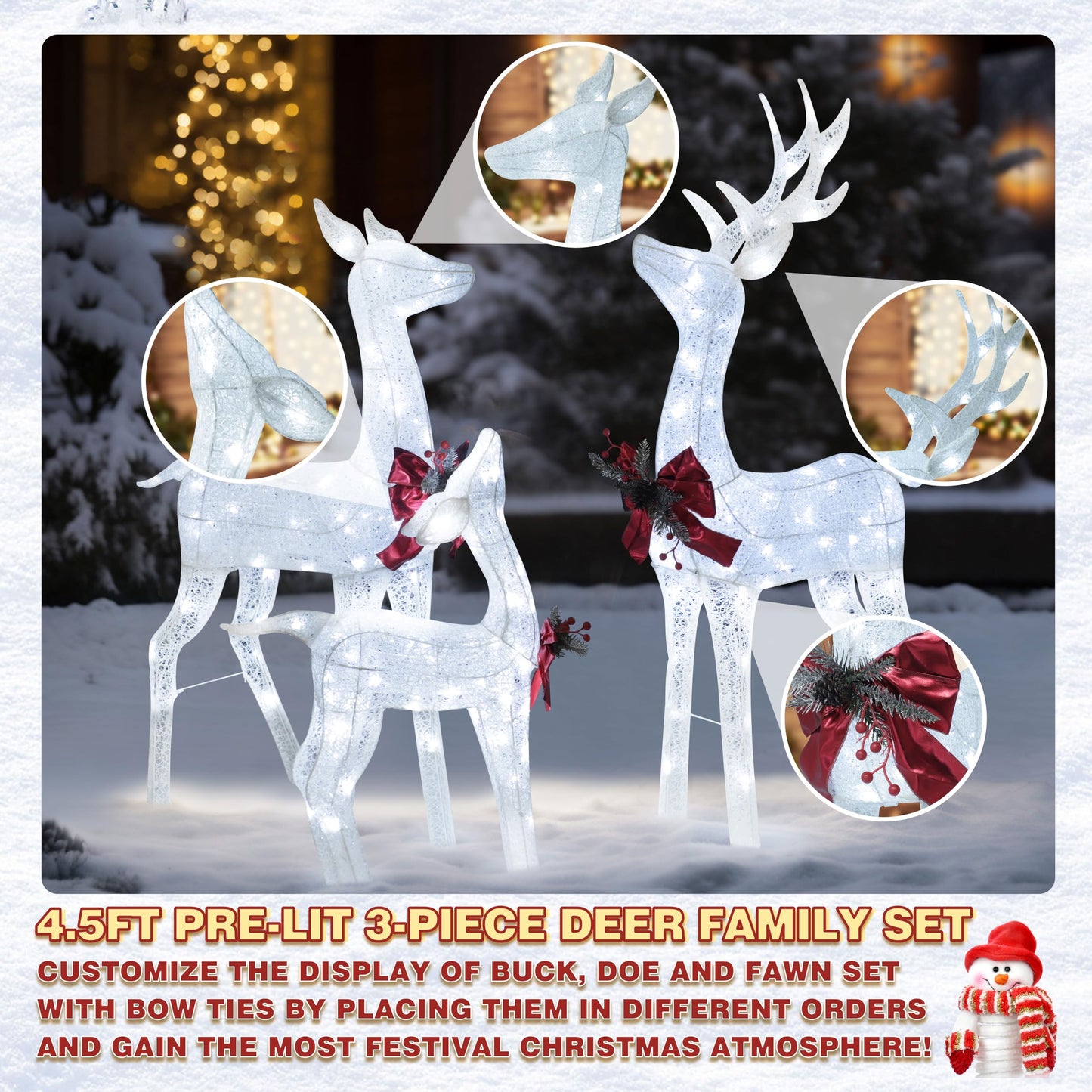 MUPATER Outdoor Christmas Decoration Lighted Deer Family Set Indoor, Christmas Holiday Yard Decor 3-Piece Moose Set for Lawn and Party with Lights, Ground Stakes and Zip Ties, White
