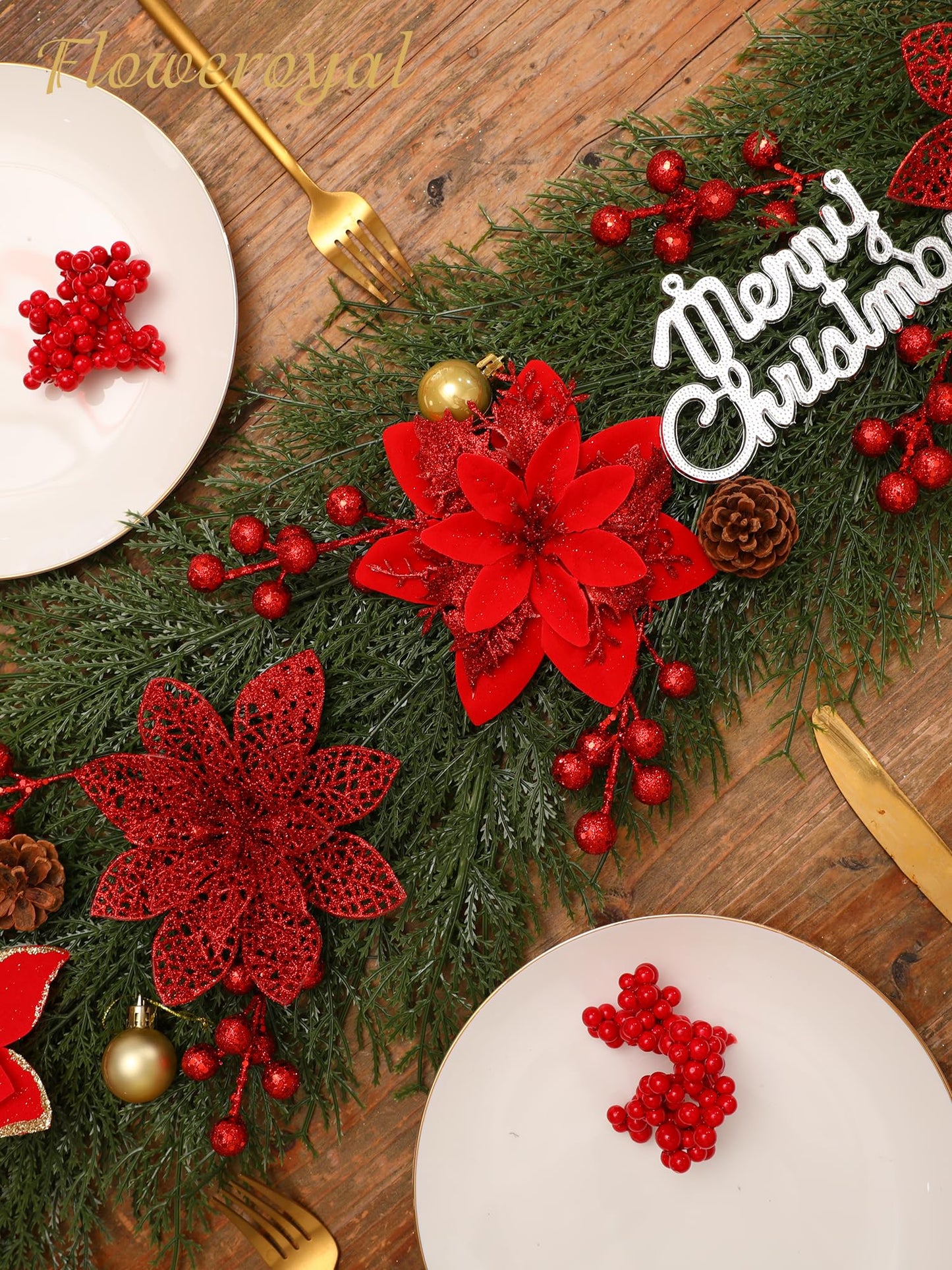 Floweroyal 30pcs Poinsettia Artificial Christmas Flowers Decorations with Clips and Berry Stems Glitter Ornaments for Christmas Tree Wreath Fireplace Stairs Decor (Red-3 Styles)