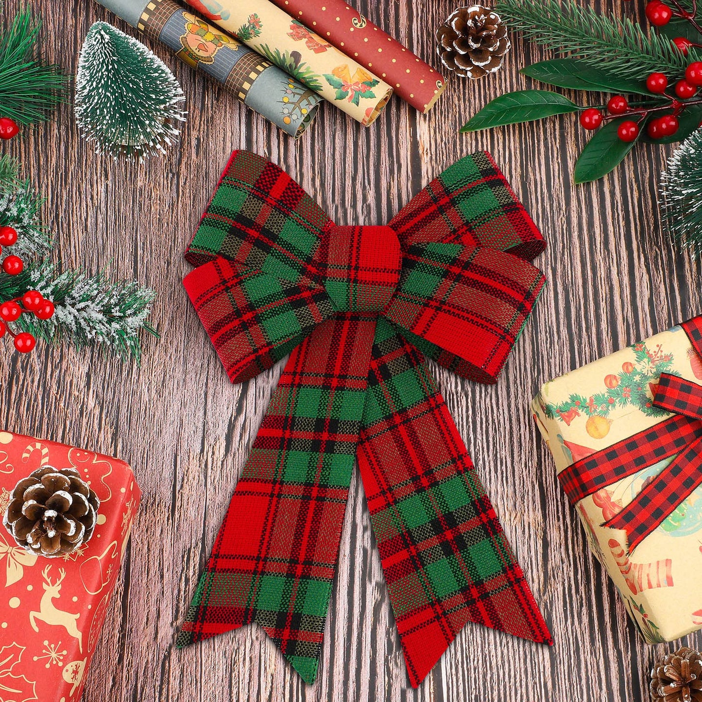 Aneco 6 Pack Red and Green Buffalo Plaid Christmas Wreaths Velvet Bows for Indoor and Outdoor Decorations