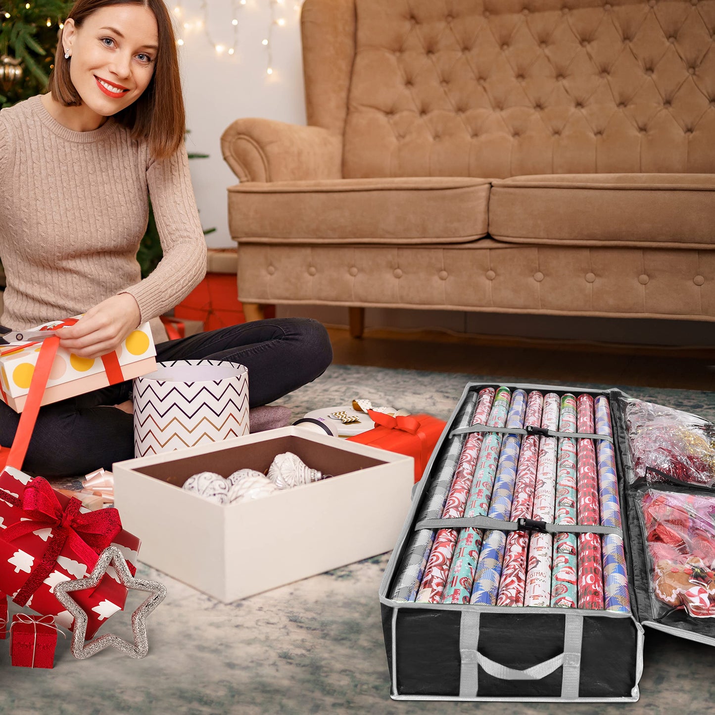 ProPik Wrapping Paper Storage Containers | Gift Wrap Organizer Under Bed | 41”x14”x6” | Box Holds 18-24 Rolls Up to 40” Long | Holder with Pockets for Ribbon Bows & Accessories (Black)