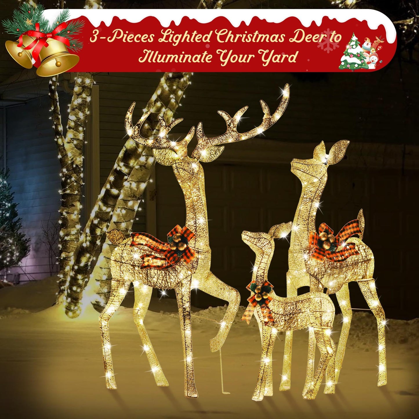 Large 3D Outdoor Christmas Reindeer Decoration Family Set - Gold Yellow Lighted Deer with 210 LED Lights for Patio, Lawn, Garden, Holiday Party