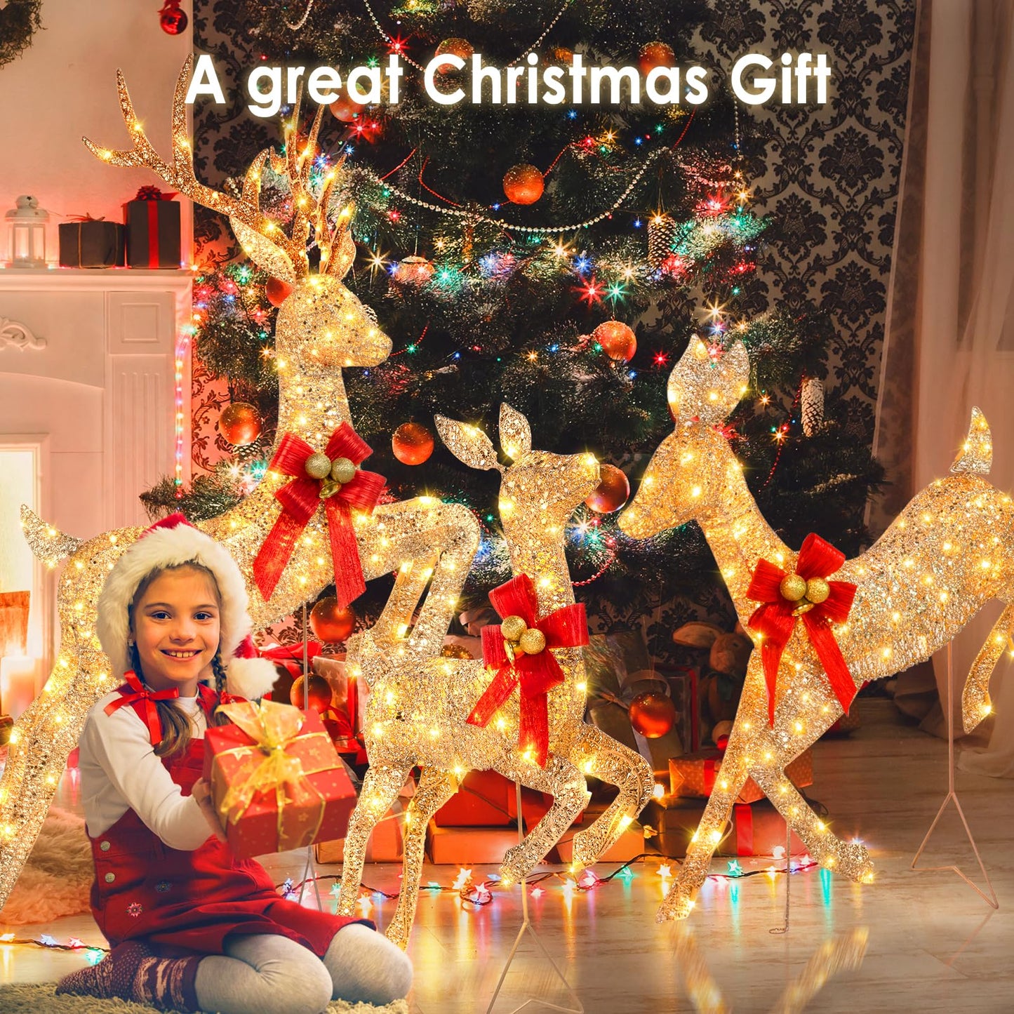 NALONE 4.7 FT Large 3 Pieces Lighted Reindeer Christmas Decoration with 210 Warm White LED Lights, Pre-lit 3D Christmas Deer Family Set Decor Outdoor Yard with Stakes, Bow Ties, Mat