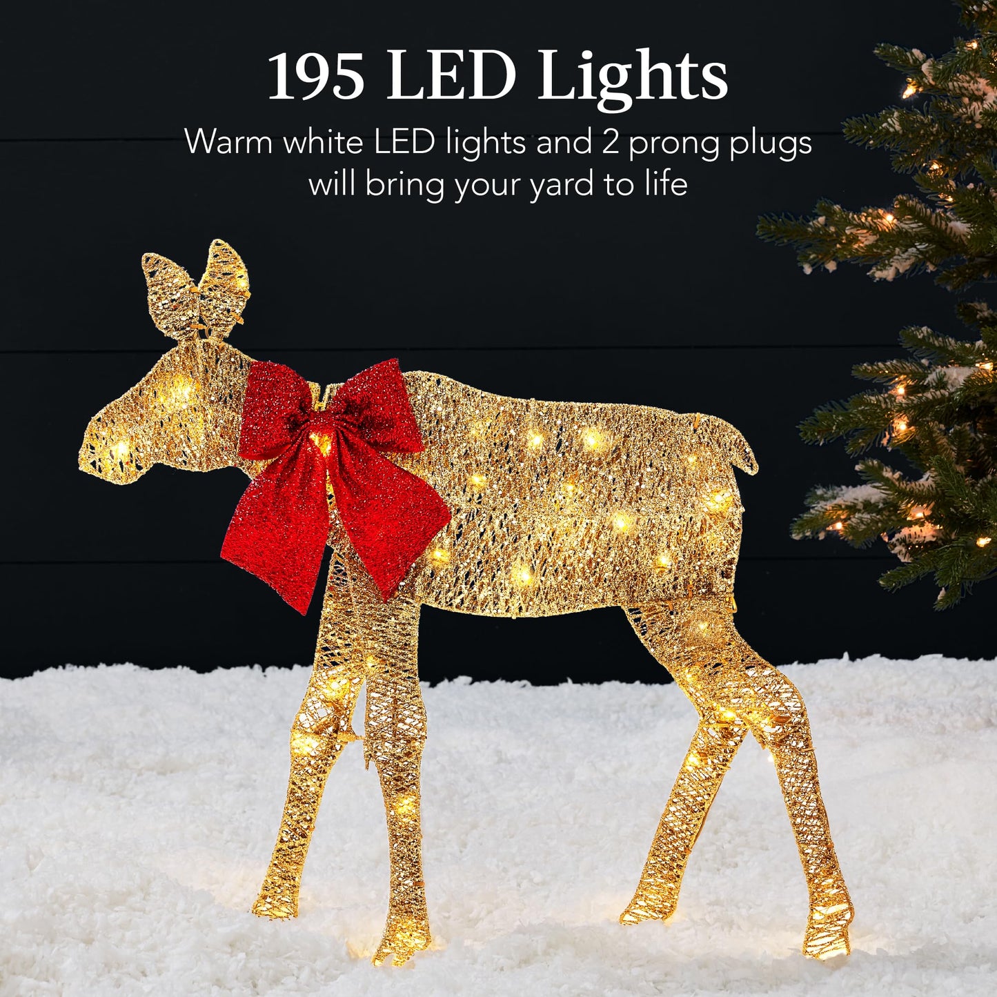 Best Choice Products 2D Moose Family Outdoor 3pc Christmas Yard Décor, 4ft Lighted Set Prelit All-Weather w/ 195 LEDs, Ground Stakes - Gold