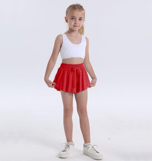 Girls Athletic Flowy Shorts with Liner 2-in-1 Kids Butterfly Pockets Short for Running Sports Fitness Tennis Girls 5-12 Years Red