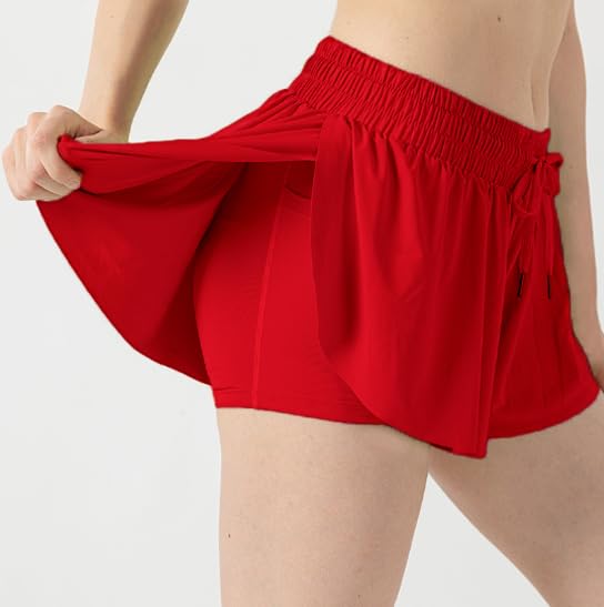 Girls Athletic Flowy Shorts with Liner 2-in-1 Kids Butterfly Pockets Short for Running Sports Fitness Tennis Girls 5-12 Years Red