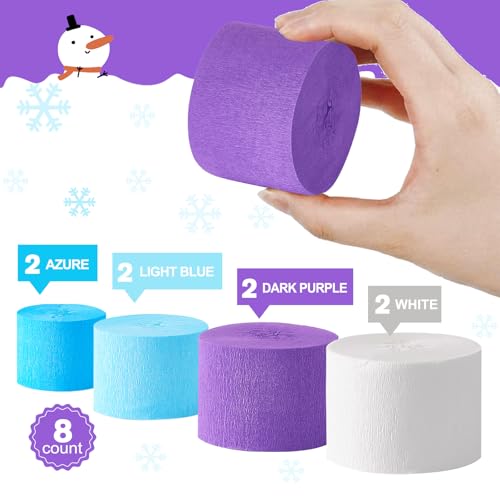 Frozen Birthday Party Decorations, 8 Rolls Purple Blue White Crepe Paper Streamers for Winter Princess Christmas Holidays Party DecorationWhite