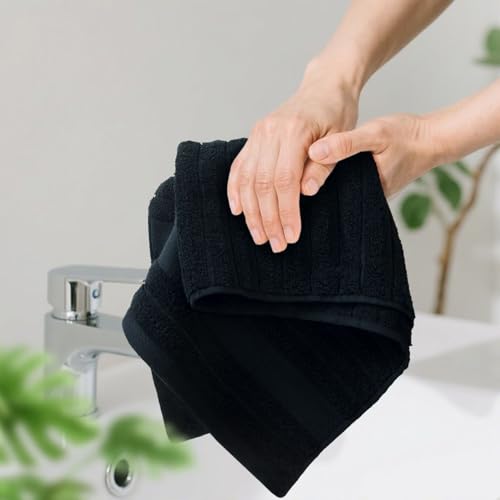 2-Pack Bathroom Hand Towels (Black) Ribbed – Guest Room & Spa Premium Cotton Face Towels 13” x 29”, Soft and Quick Drying 480 GSM