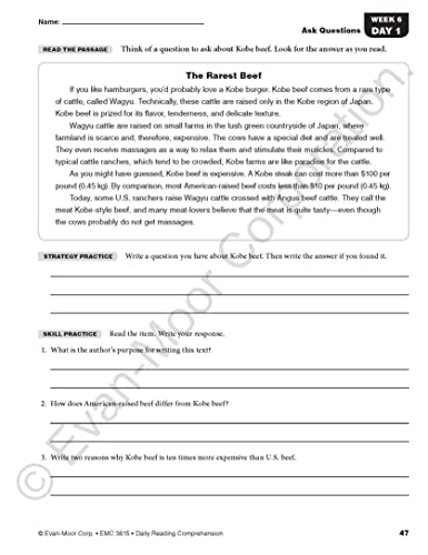 Evan-Moor Daily Reading Comprehension, Grade 5 - Homeschooling & Classroom Resource Workbook, Reproducible Worksheets, Teaching Edition, Fiction and ... Reading Comprehension, Grade 5, EMC 3615)