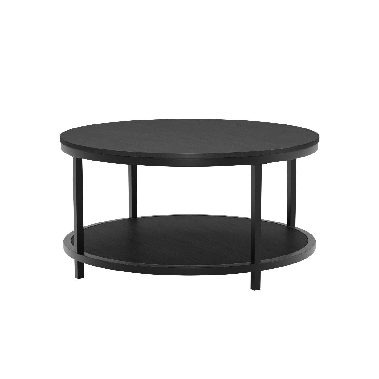 WiberWi Round Coffee Table Black 35.8" Circle Coffee Tables for Living Room Rustic Industrial Design with Sturdy Metal Frame Legs and Open Storage Shelf, Easy Assembly
