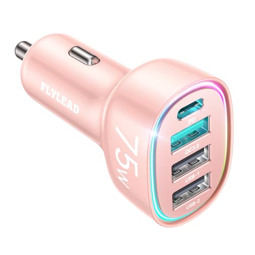 USB C Car Charger Cigarette Lighter Adapter 75W 4-Port Fast Car Charger Fast Charging Compatible with iPhone16/15/14/13 Series