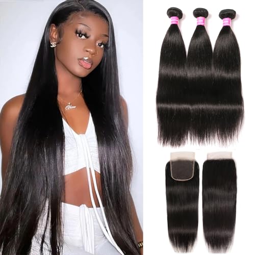 10A Straight Bundles with Closure Human Hair Brazilian Human Hair Bundles with Closure 100% Unprocessed Virgin Straight Hair Weave 3 Bundles with Lace Closure 4x4 Free Part Natural Color（24 26 28+22）