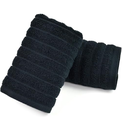 2-Pack Bathroom Hand Towels (Black) Ribbed – Guest Room & Spa Premium Cotton Face Towels 13” x 29”, Soft and Quick Drying 480 GSM