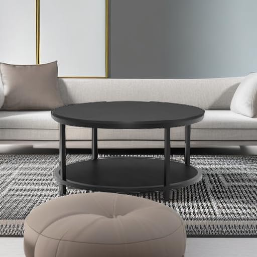 WiberWi Round Coffee Table Black 35.8" Circle Coffee Tables for Living Room Rustic Industrial Design with Sturdy Metal Frame Legs and Open Storage Shelf, Easy Assembly