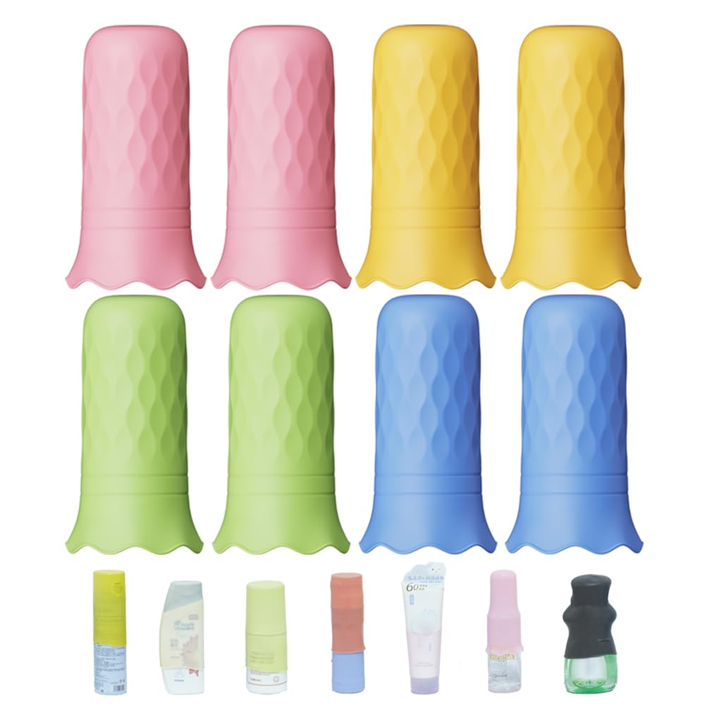 Silicone Travel Bottle Covers,8 Pack Container Sleeves,Stretching Accessories for Shampoo Lotion Conditioner Wash Body Bottles(Blue/Black/White/Pink)