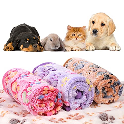 Tatuo 4 Pcs Dog Blanket for Pet Puppy Teething Toys Paw Print Fleece Blanket for Pet Cat Soft Warm Sleep Mat Guinea Pig Cage Mat(Small(24 x 16 Inch),White, Coffee, Pink, Purple)
