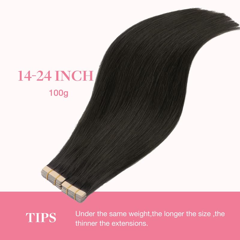 GOO GOO Tape in Hair Extensions Human Hair, 1B Natural black, 20inch 100g 40pcs, Thick Ends Straight Seamless Tape in, Invisible Tape in Hair Extensions Human Hair
