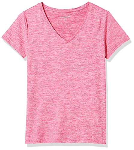 Amazon Essentials Women's Active Quick Dry Tech Stretch Short-Sleeve V-Neck T-Shirt (Available in Plus Size), Pack of 2, Charcoal Heather Space Dye/Raspberry Red Space Dye, Small