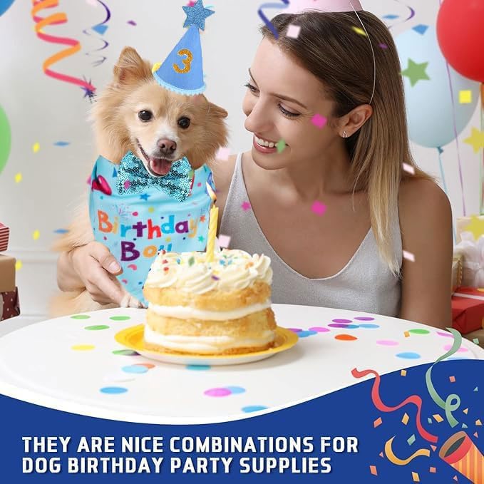 Dog Birthday Bandana Set, Dog Cat Birthday Party Supplies Boy Girl Birthday Party Hat Bow Tie Collar Set with Number for Large Medium Small Pet (Blue)