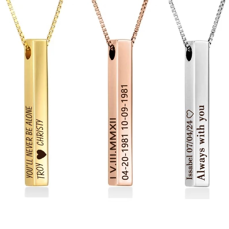 ProJewelry 18K Gold Plated Engraved 4 Sides Bar Necklaces for Women,Custom Necklace with Kids Name/Date/Coordinates Customized Name Necklace Personalized Mother's Day Birthday Christmas Gifts