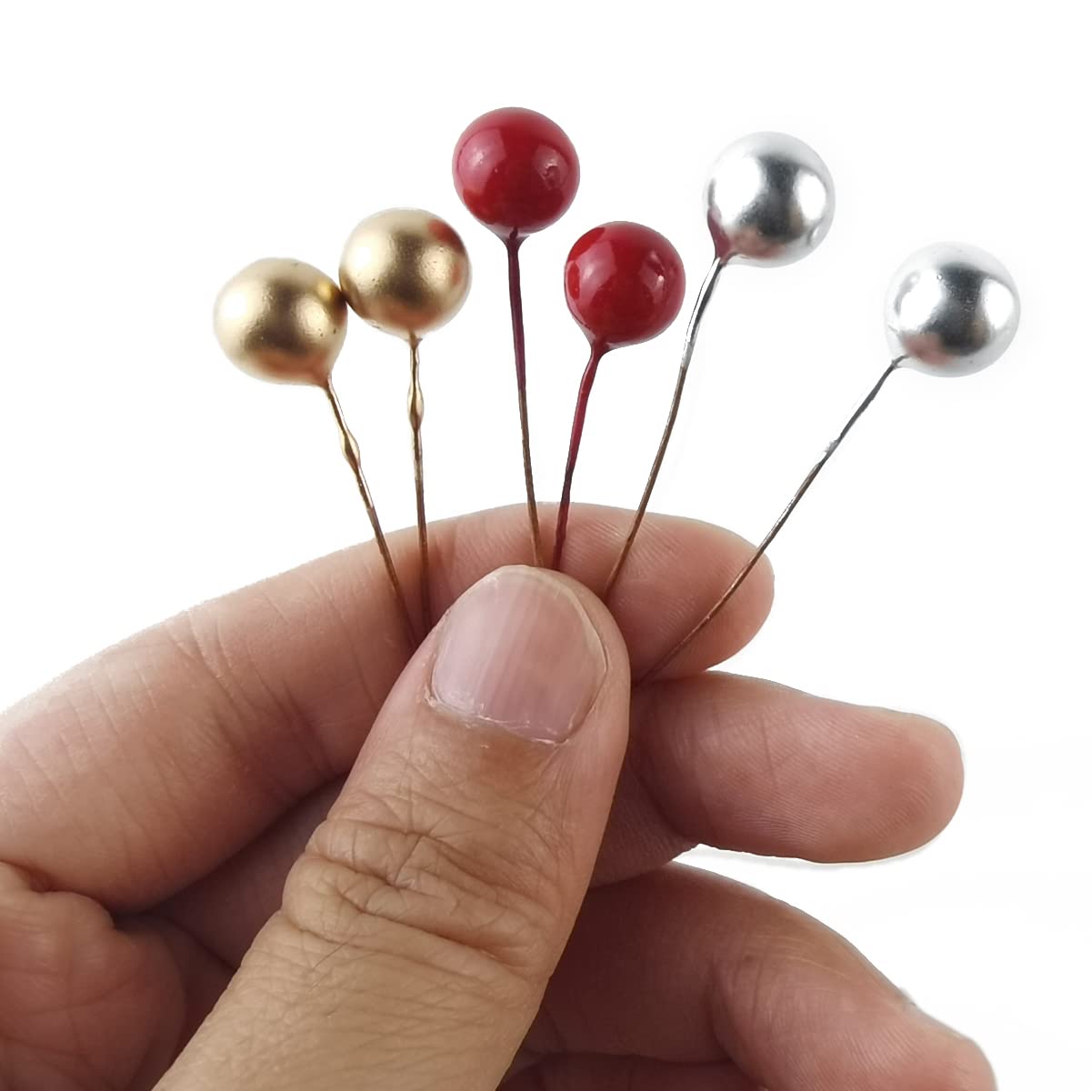 GXXMEI 300PCS Artificial Holly Berries, Mini 10 mm Fake Berries Decor on Wire for Christmas Tree Decorations Flower Wreath DIY Craft Use (Red+Gold+Silver)