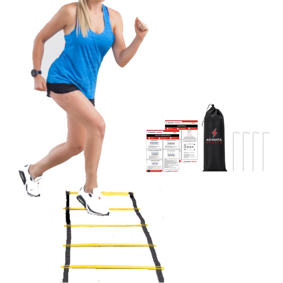 DELUXE EDITION Agility Ladder Training Set - 13 Rung 21ft Agility Ladder w/13 Disc Cones, Carry Bag - Improve Speed & Strength Soccer, Football, Basketball w/4 Steel Pegs for Outdoor Workout Charts