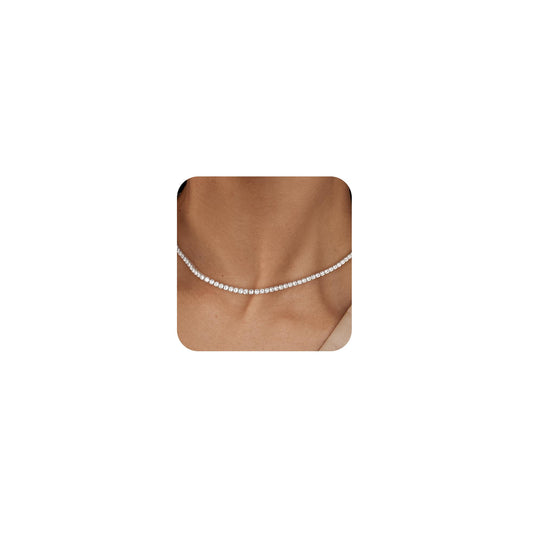 Collar de tenis para mujer, chapado en oro de 14 quilates/plata de ley con circonita cúbica, gargantilla delicada con diamantes de imitación para mujer