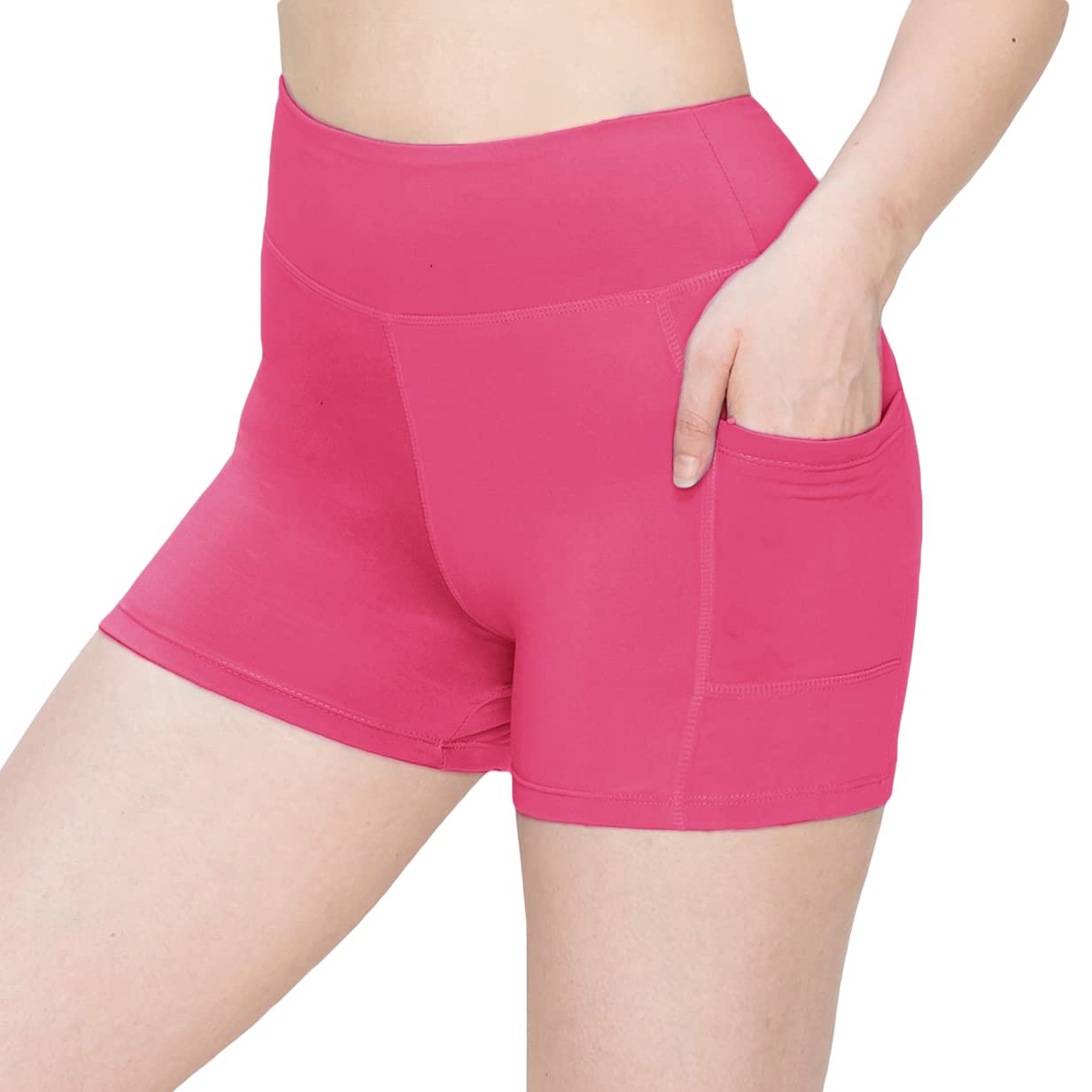 ALWAYS Women's 3" Yoga Shorts - Premium Soft Tummy Control Workout Stretch Solid Leggings Pants with Pockets Fuchsia M