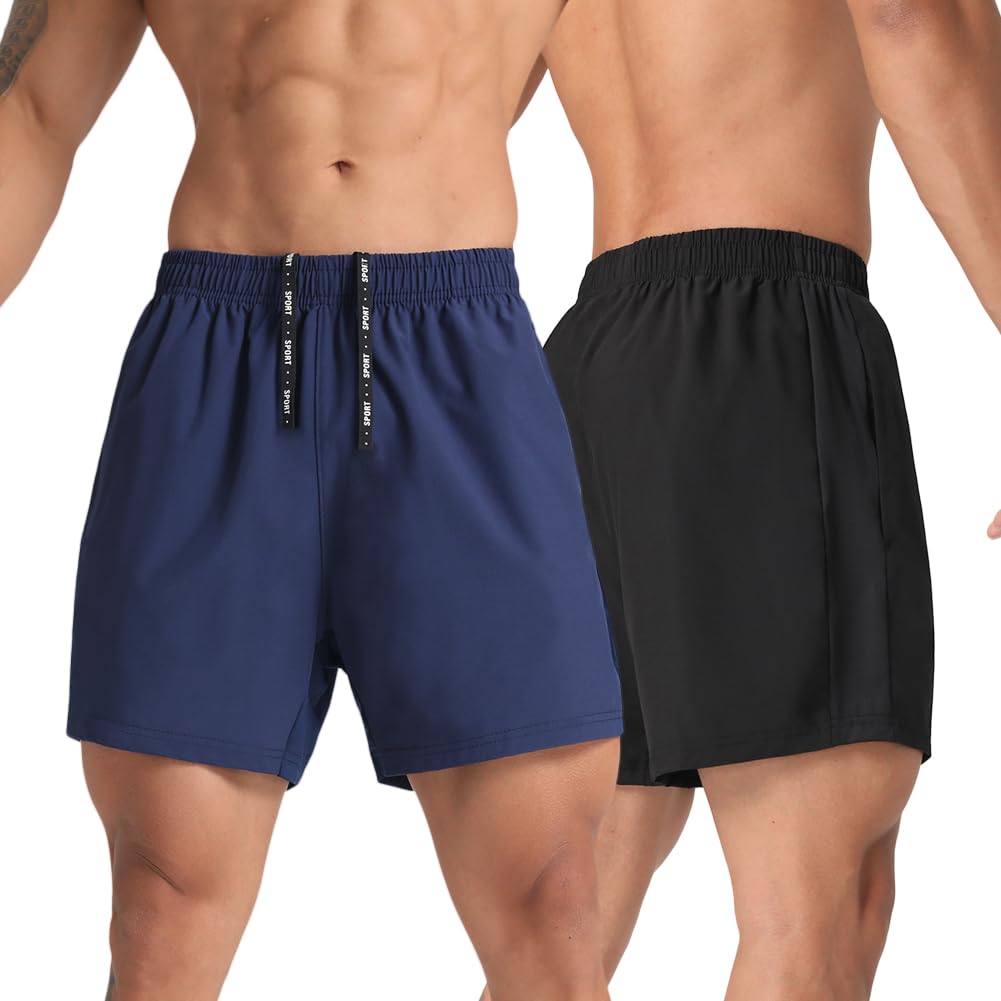 MAXCK 2 Pack Mens Lightweight Athletic Running Shorts 5'' Quick Dry Gym Workout Shorts with Zipper Pockets Black/Navy,Large