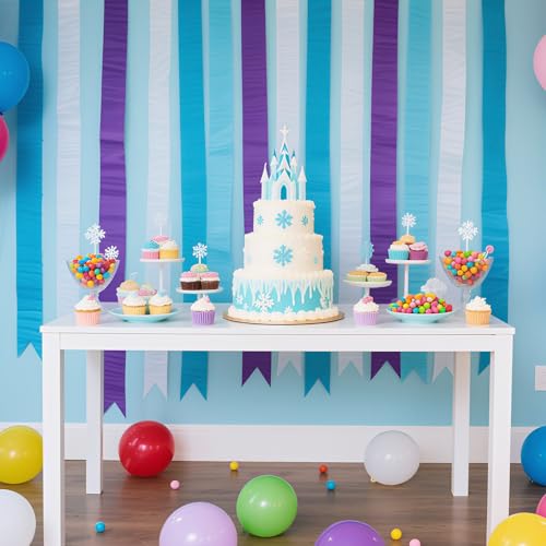 Frozen Birthday Party Decorations, 8 Rolls Purple Blue White Crepe Paper Streamers for Winter Princess Christmas Holidays Party DecorationWhite