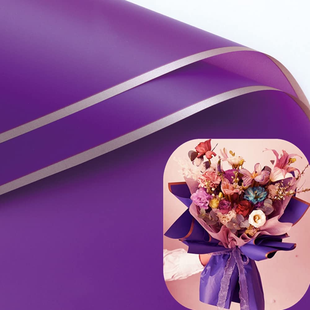 20 Sheets Pure color rose gold edge Flower Wrapping Paper,Florist Bouquet Supplies,DIY Crafts,Gift Packaging or Gift Box Packaging, Wraps Waterproof Floral Wrapping Paper 22.8x22.8Inch (Purple)