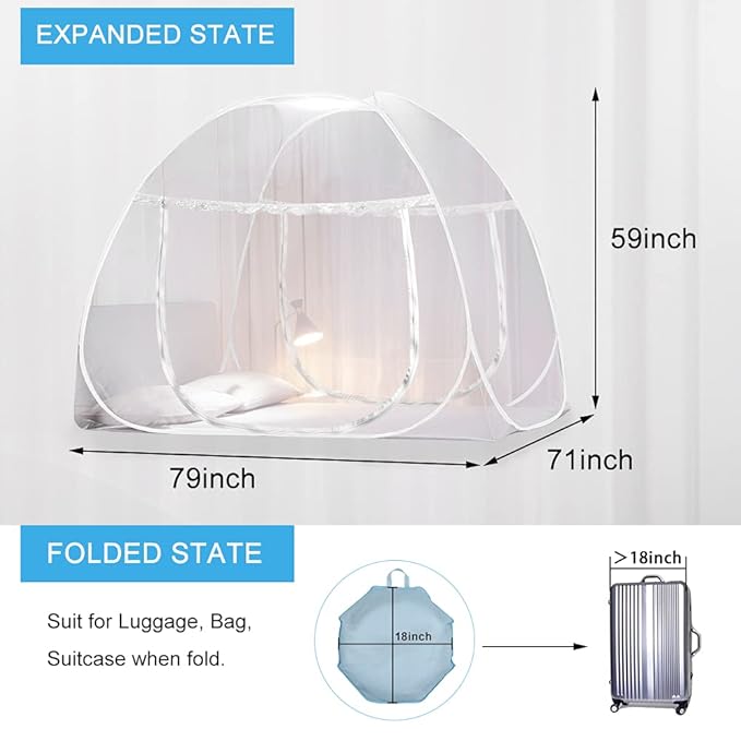 AMMER Pop Up Mosquito Net Tent for Beds, Portable Foldable Mosquito Netting Folding Design with Net Bottom,2 Entries,Suit for Twin to King Size Bed (79x71x59inch)