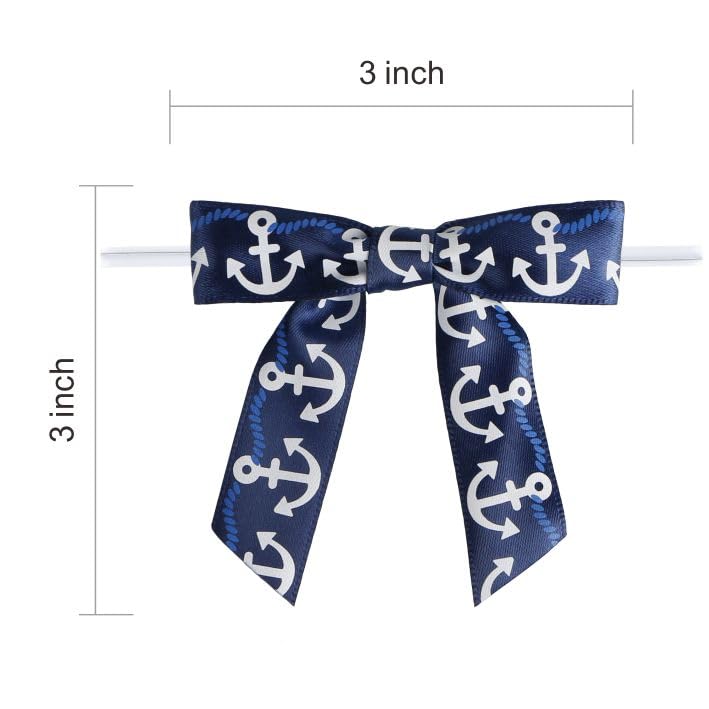Meseey 30 Pcs Nautical Ribbon 3 Inch Navy Blue White Stripes Anchor Twist Tie Bows for for Beach Coasta Gift Wrapping, Baby Shower,Wedding, Party Favors, Cake Pops,Treat Bags (Nautical Bow)