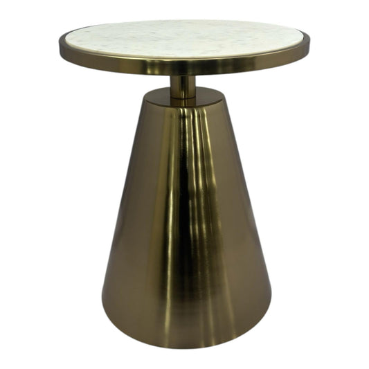 Modern Round Side Table with Marble Top, Gold Metal Base, Conical Design