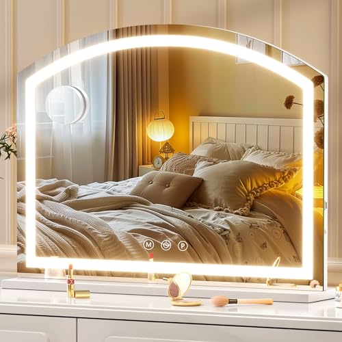 Hasipu Arch Vanity Mirror with Light, Arched Led Makeup Mirror with 10X Magnification, Tabletop Desk Mirror with USB Charging Port, Dimmable 3 Colors Mode, 32" x 24" Inch